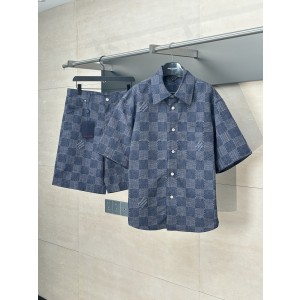 LV 루이비통 체크 터틀넥 반팔 셔츠 + 반바지 세트 의류