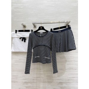 Chanel 샤넬 스트라이프 코튼 세트 긴팔 티셔츠 + 스커트 치마 의류