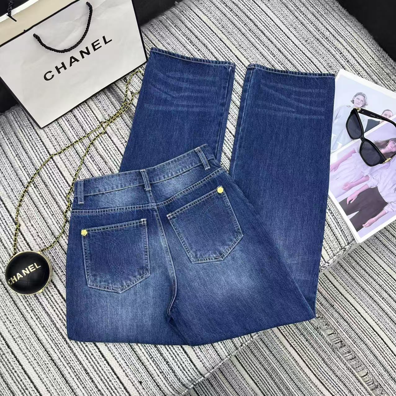 Chanel 샤넬 프린트 & 메탈 장식 데님 팬츠 청바지 의류