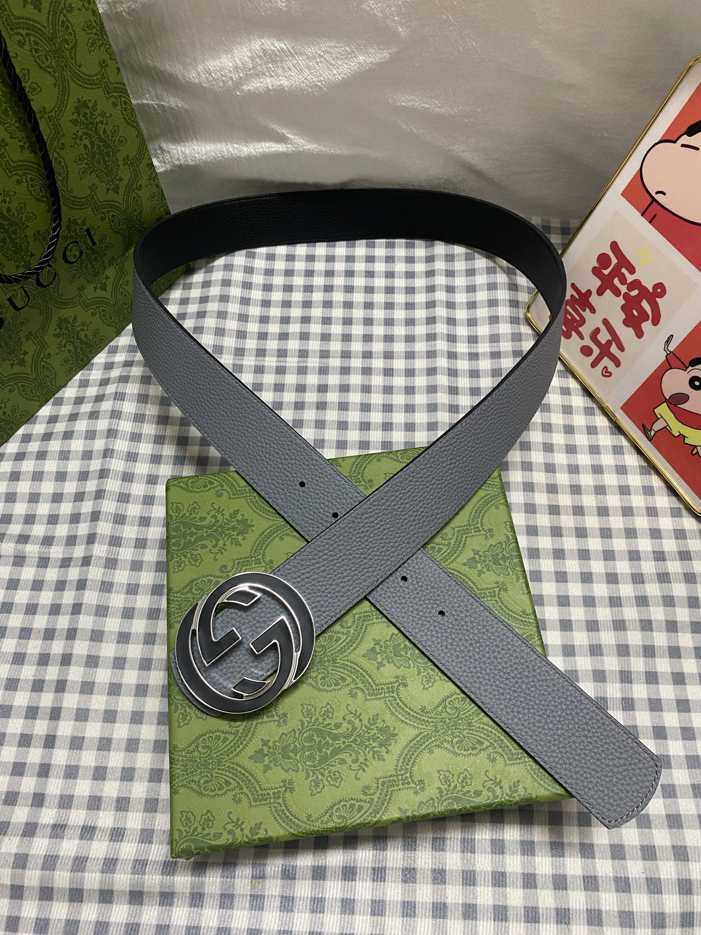 Gucci 구찌 남성용 GG 양면 벨트 (그레이, 4.0cm)