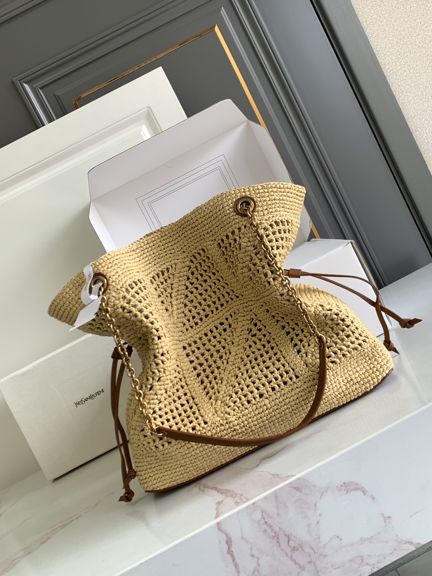 YSL JAMIE SHOPPING PP 생로랑 라피아 토트백 가방