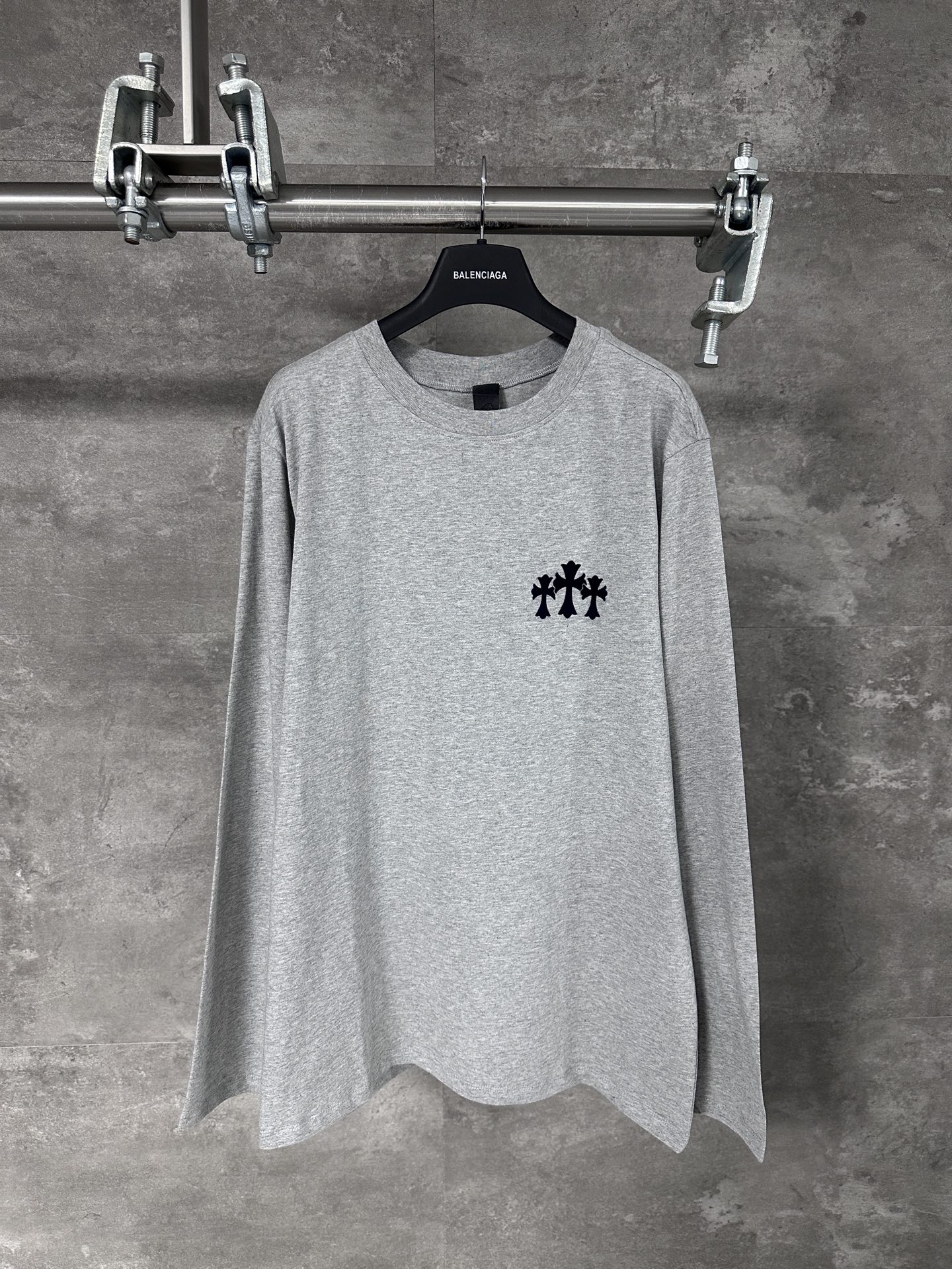 Chrome Hearts / 크롬하츠 CH 블랙 벨벳 크로스 라운드넥 긴팔 티셔츠 의류