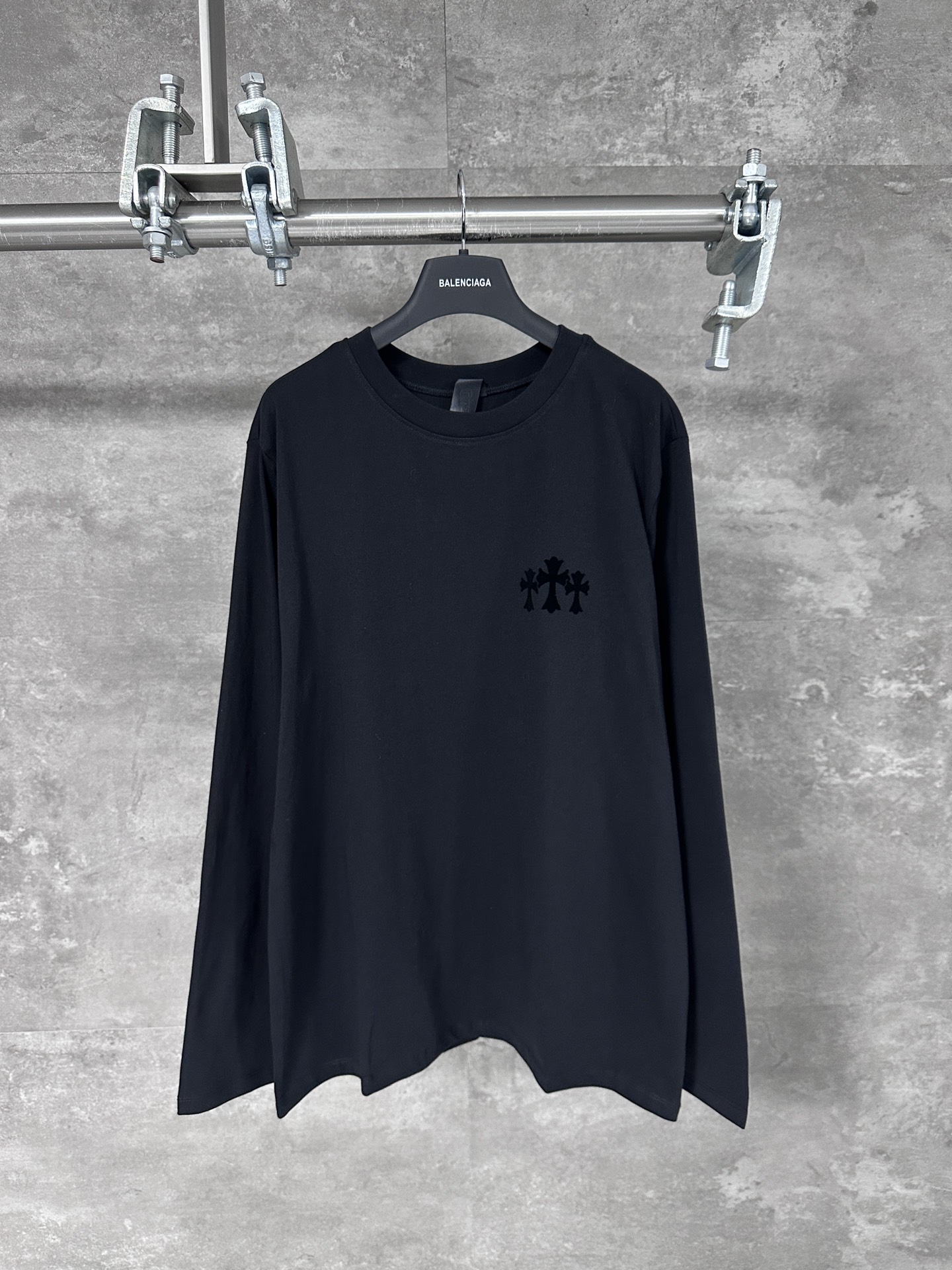 Chrome Hearts / 크롬하츠 CH 블랙 벨벳 크로스 라운드넥 긴팔 티셔츠 의류