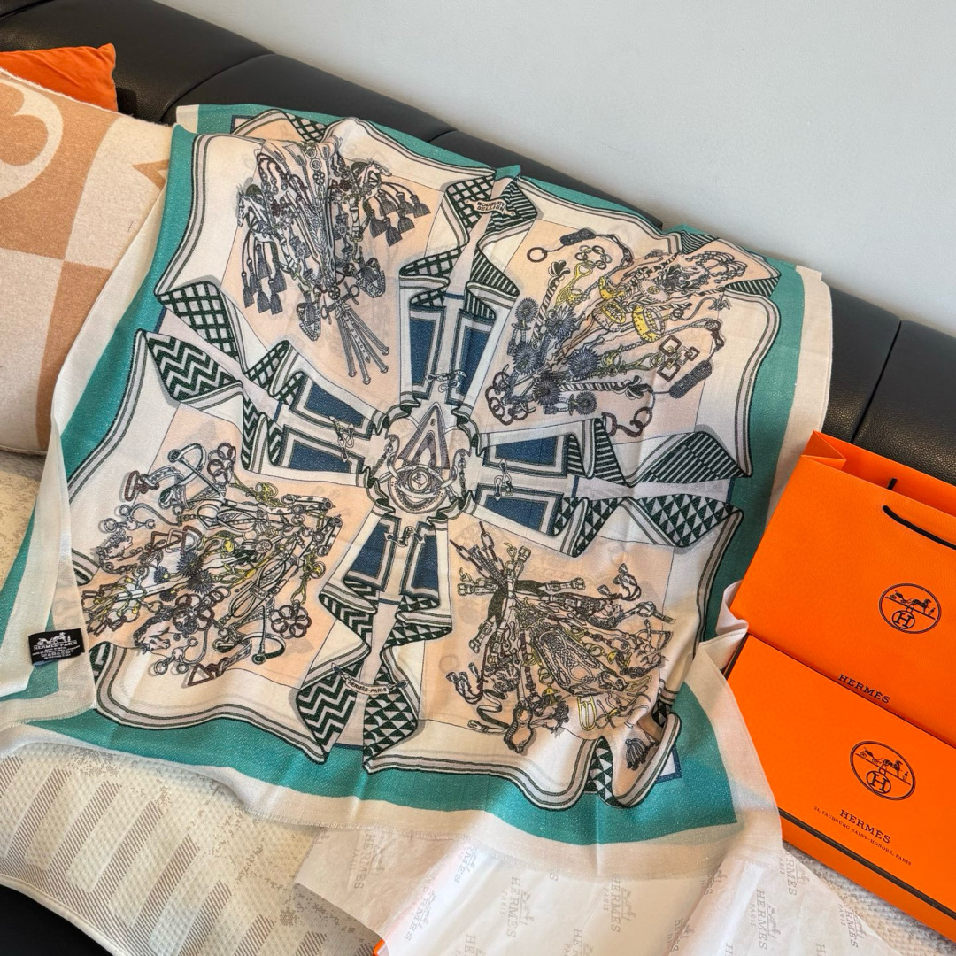 Louis Vuitton LV 루이비통 실버사 실크 울 스카프 머플러 목도리