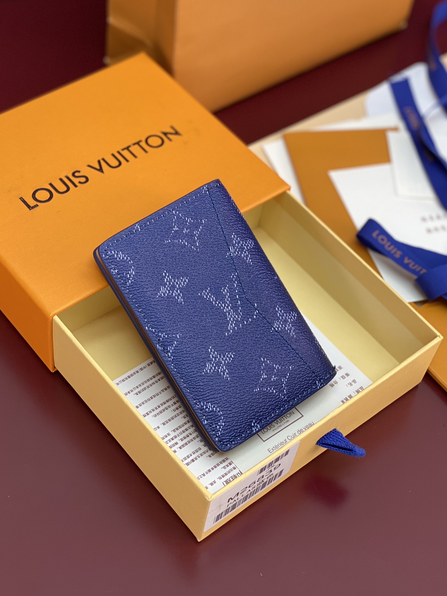 LV 루이비통 M26839 실크 프린트 블루 포켓 카드 지갑 월렛