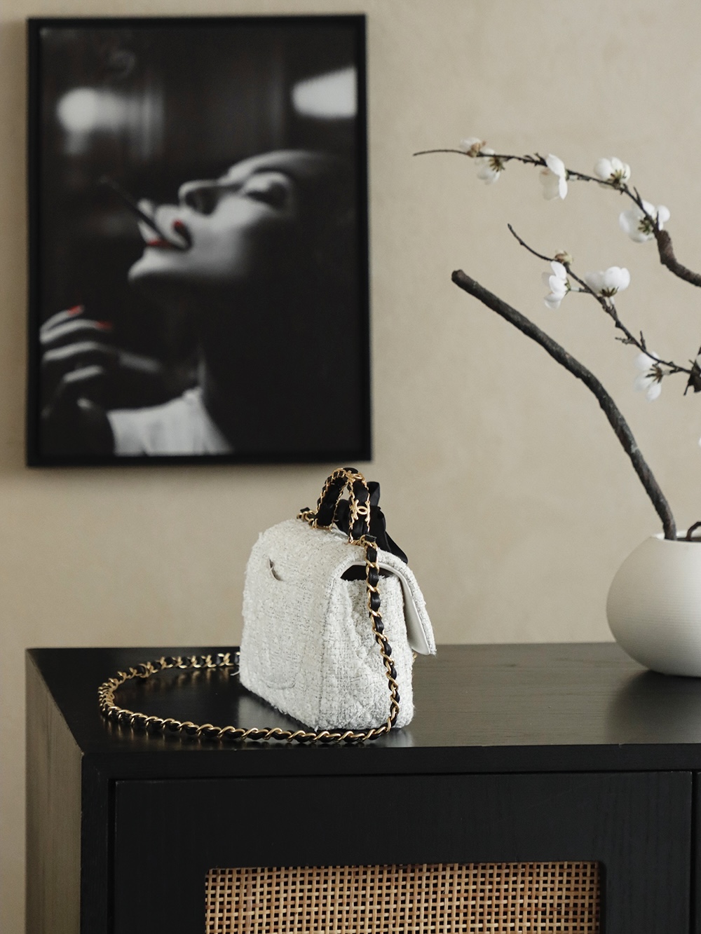 Chanel 샤넬 25K 화이트 벨벳 핸들 CF 미니 숄더백 가방