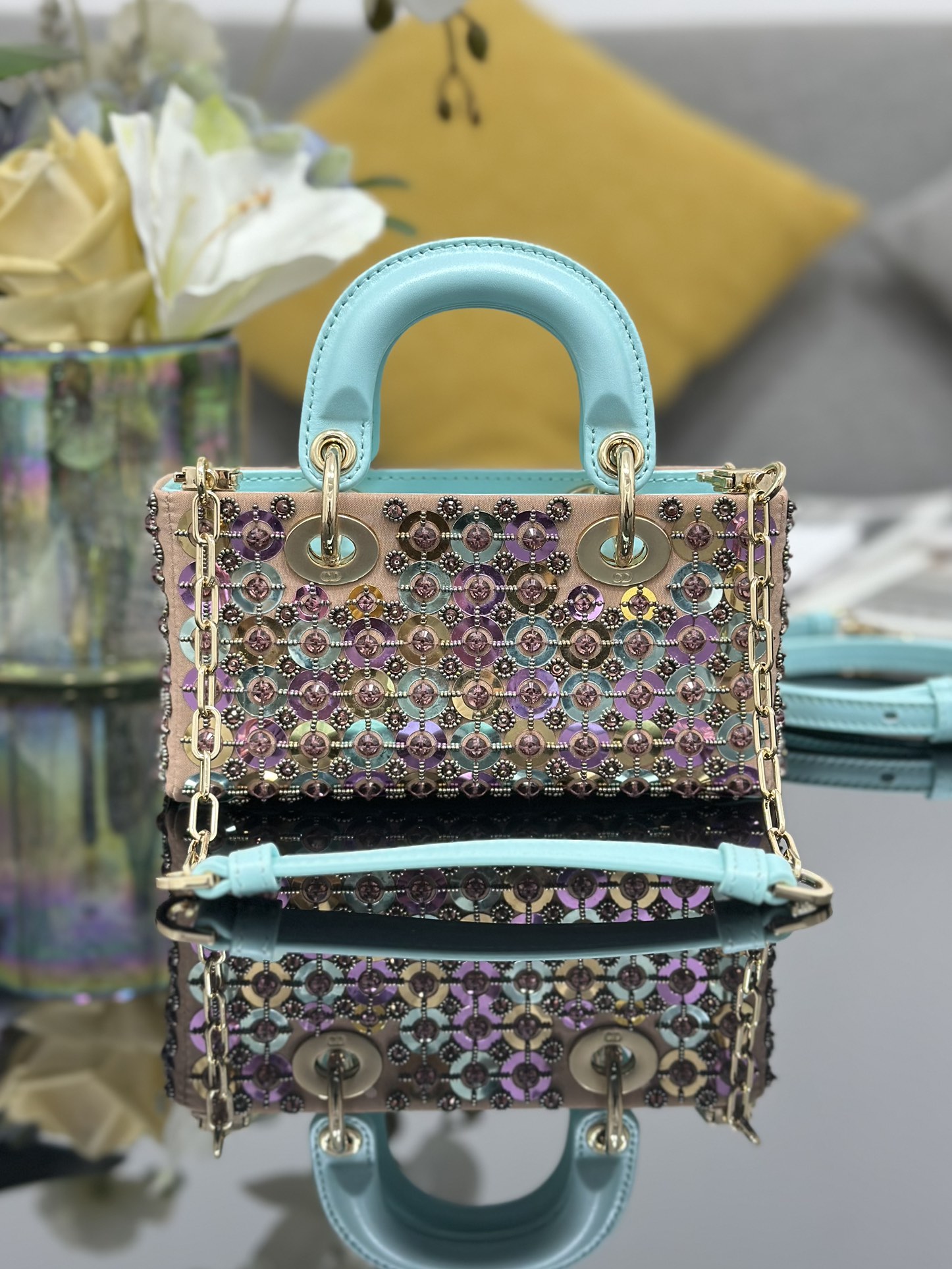 Lady D-Joy Dior 디올 레이디 디조이 미니자 비즈 장식 숄더백 토트백 가방