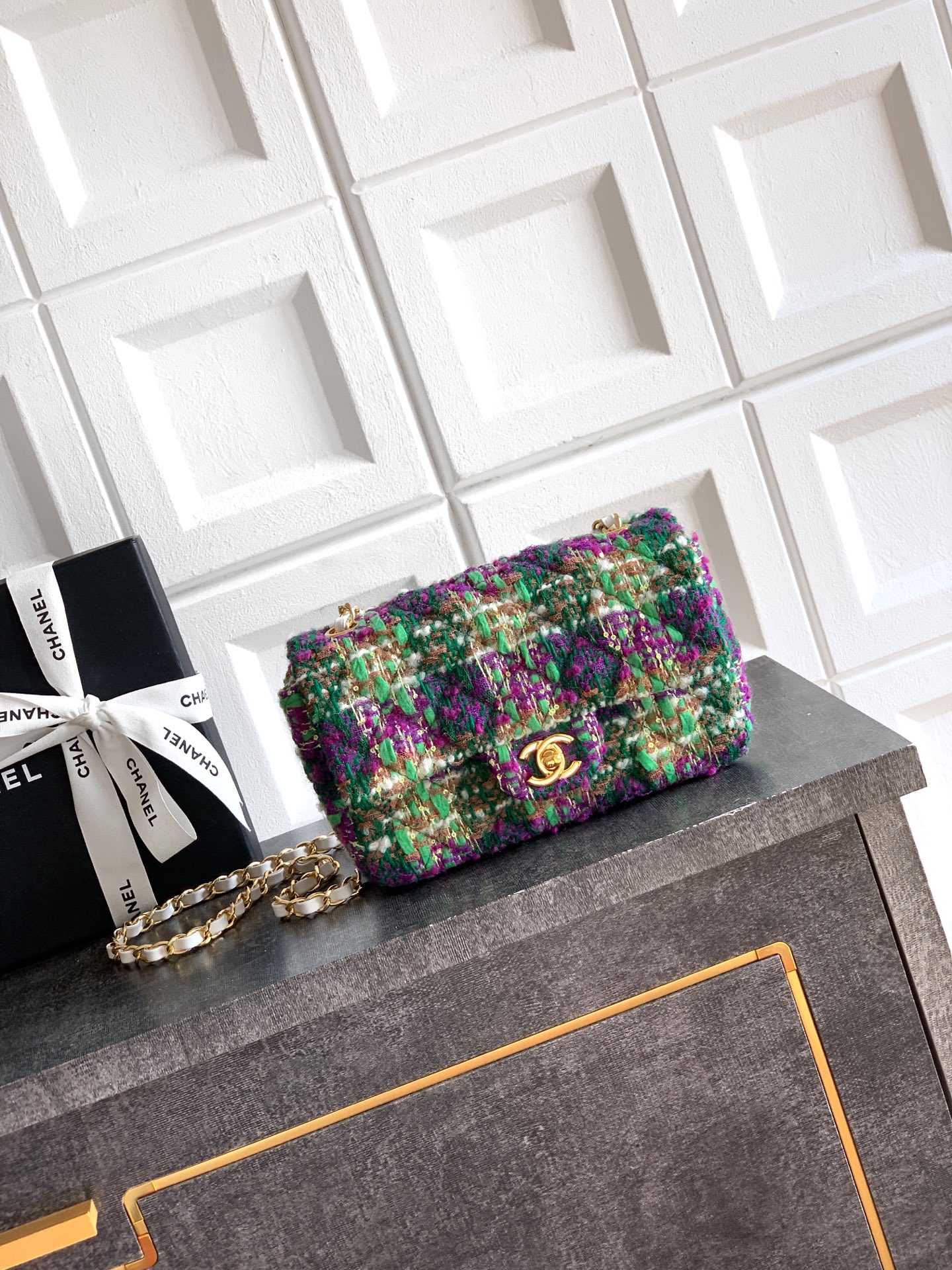 Chanel 샤넬 미니 CF - 퍼플 & 그린 트위드 (20cm) 숄더백 가방