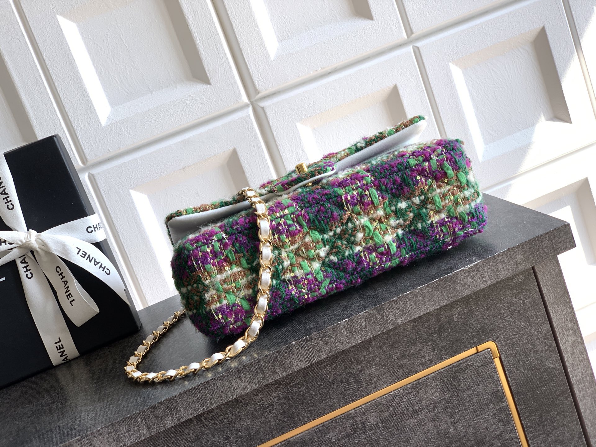 Chanel 샤넬 CF 퍼플 & 그린 트위드 (25cm) 숄더백 가방