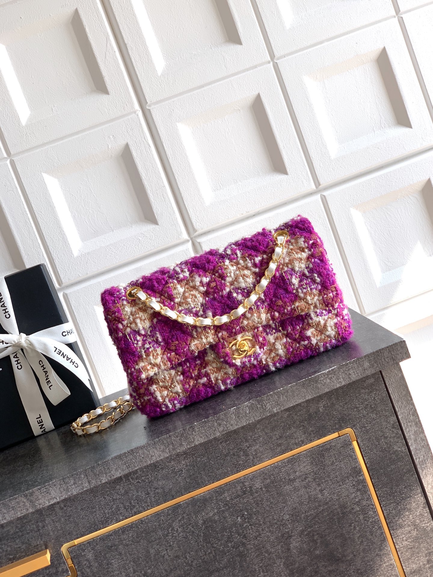 Chanel 샤넬 CF 퍼플 & 핑크 트위드 (25cm) 숄더백 가방