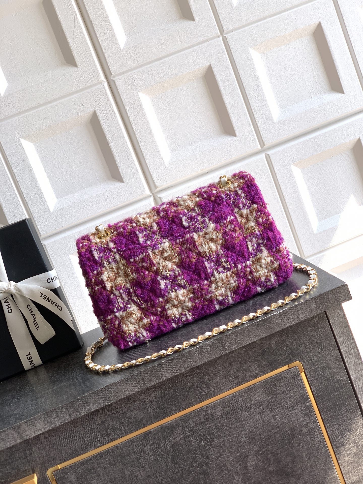 Chanel 샤넬 CF 퍼플 & 핑크 트위드 (25cm) 숄더백 가방