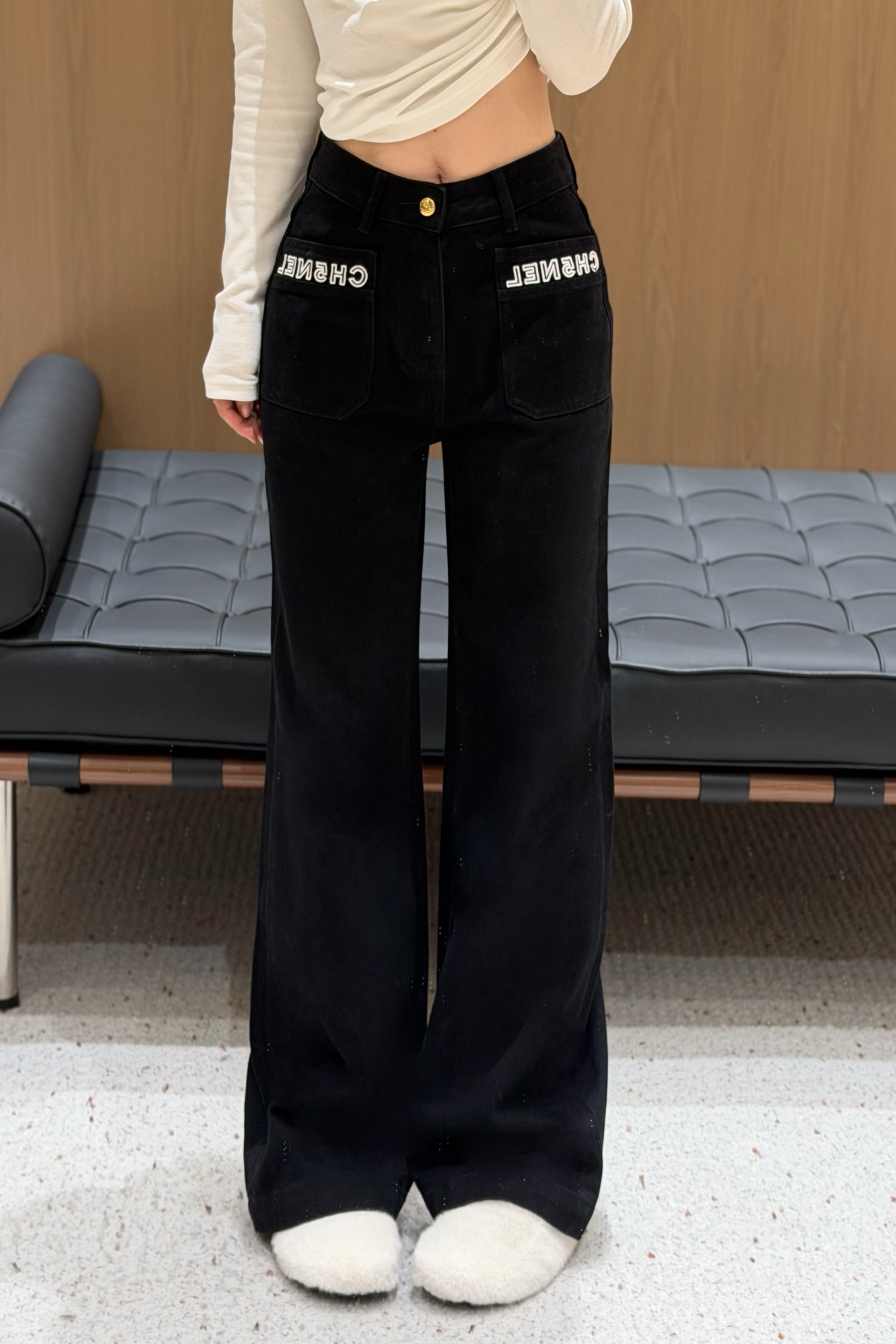 Chanel 샤넬 레터링 자수 더블 포켓 기모 데님 팬츠 청바지 의류