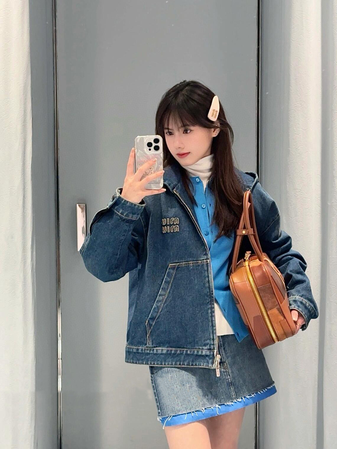 미우미우(MiuMiu) 로고 자수 후드 집업 데님 자켓 재킷 의류