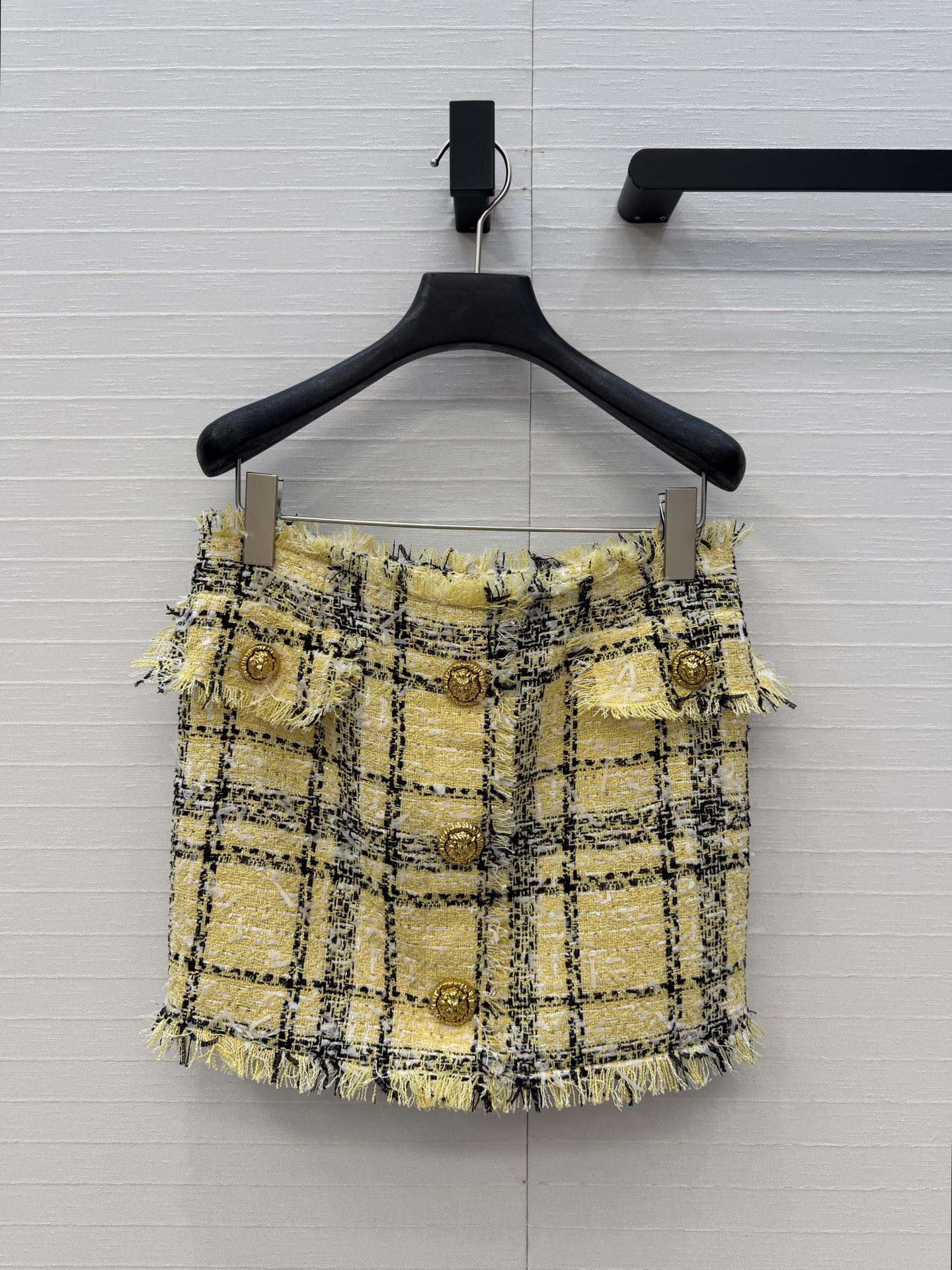 Balmain 발망 옐로우 블랙 체크 트위드 미니스커트 치마 의류