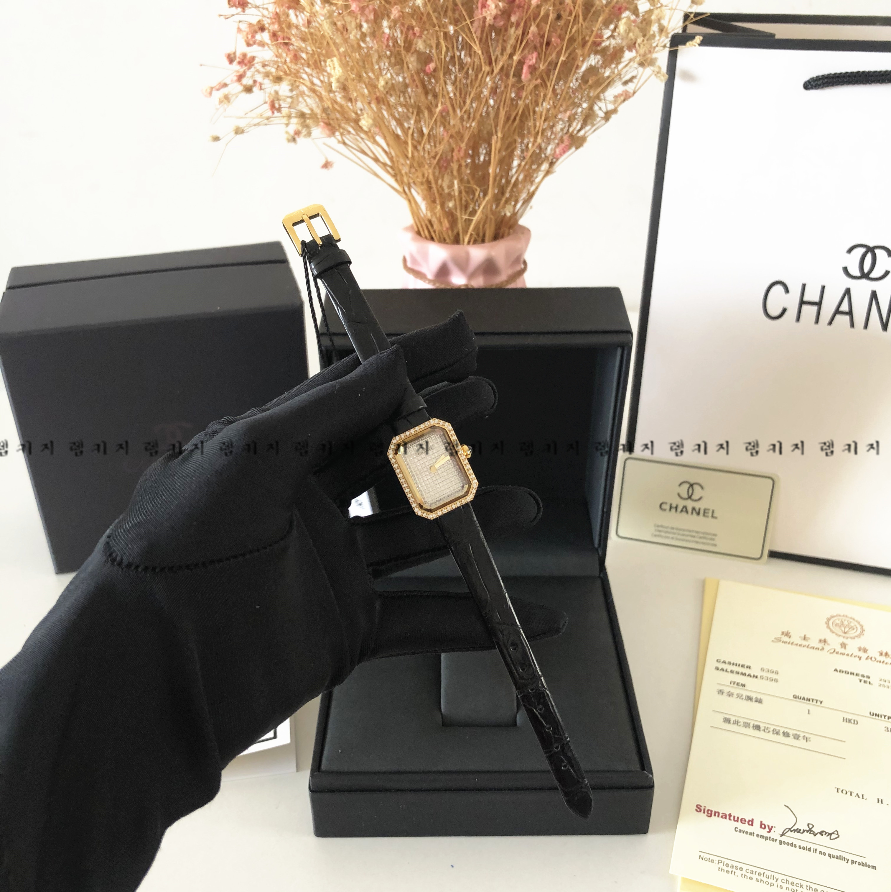 샤넬 프리미에르 브라운 큐빅 골드 금장 가죽시계