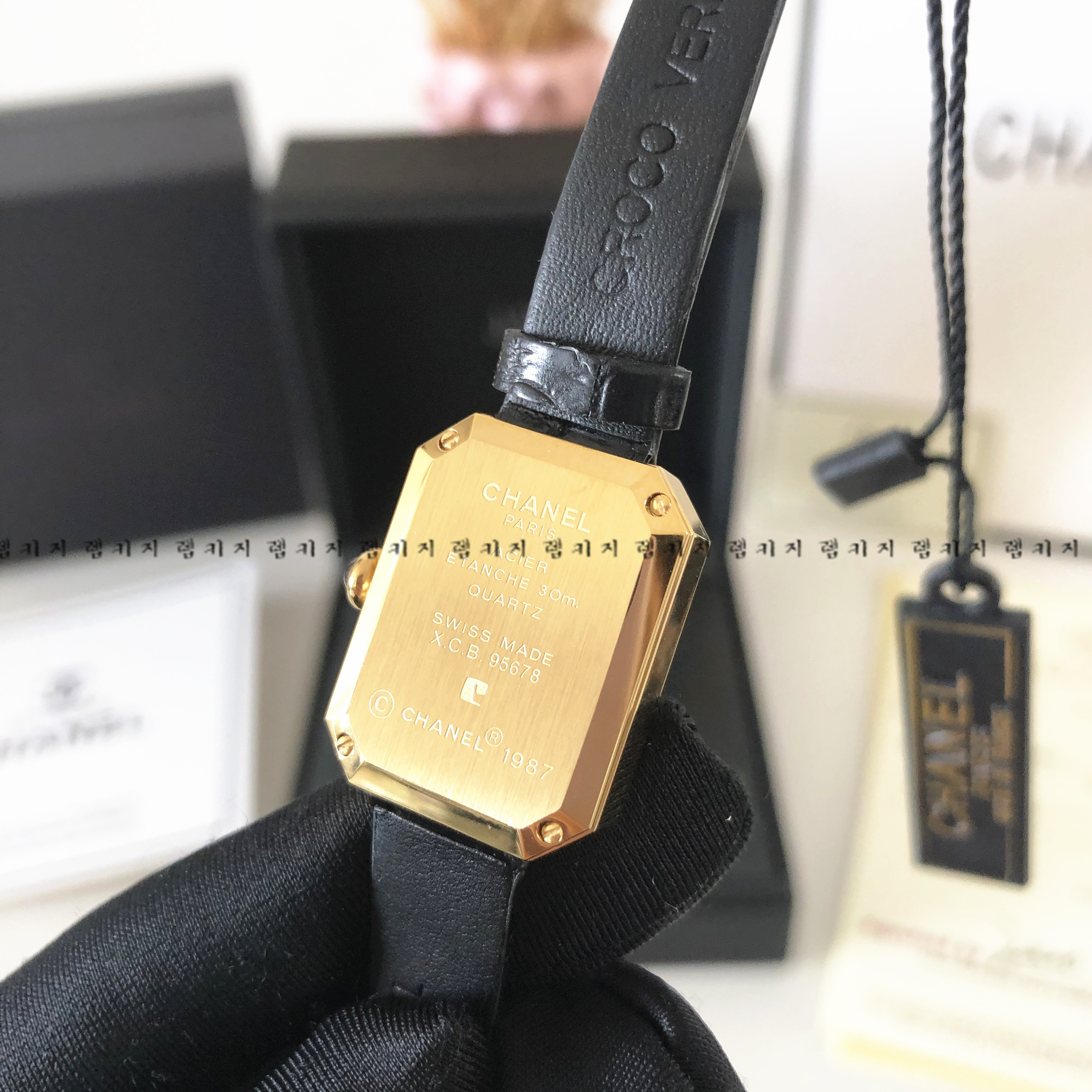 샤넬 프리미에르 브라운 큐빅 골드 금장 가죽시계