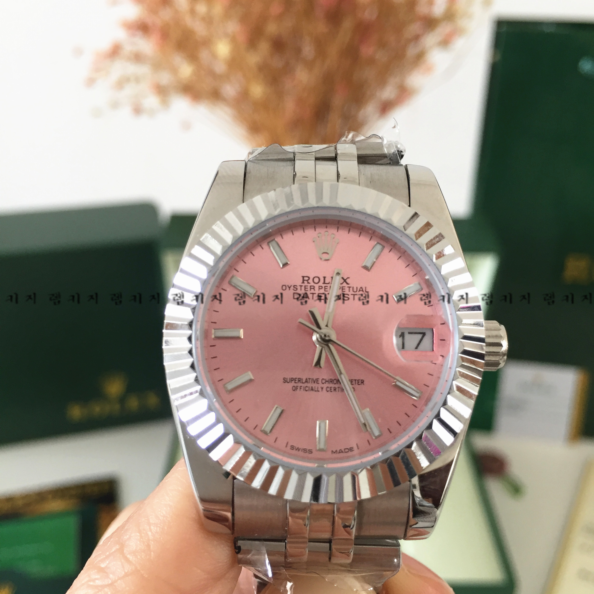 로렉스 데이저스트 핑크 다이얼 은장 메탈시계