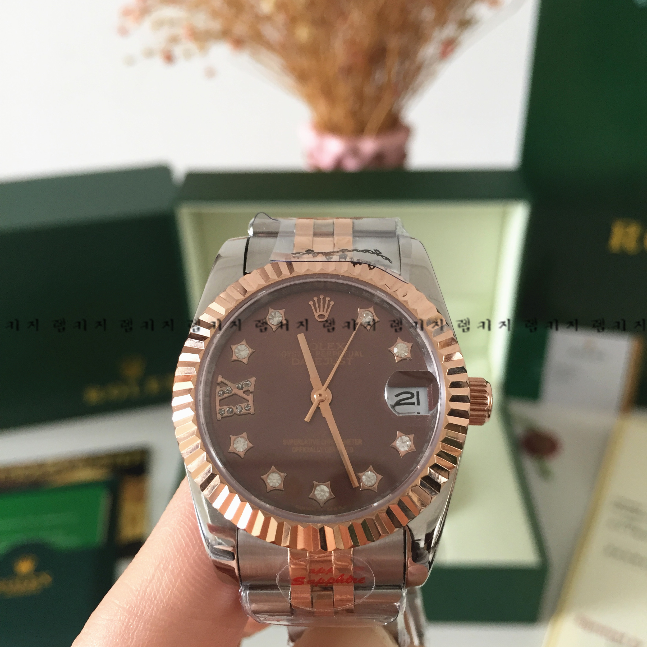 로렉스 텐포인트 별 브라운 콤비메탈 시계 여성용