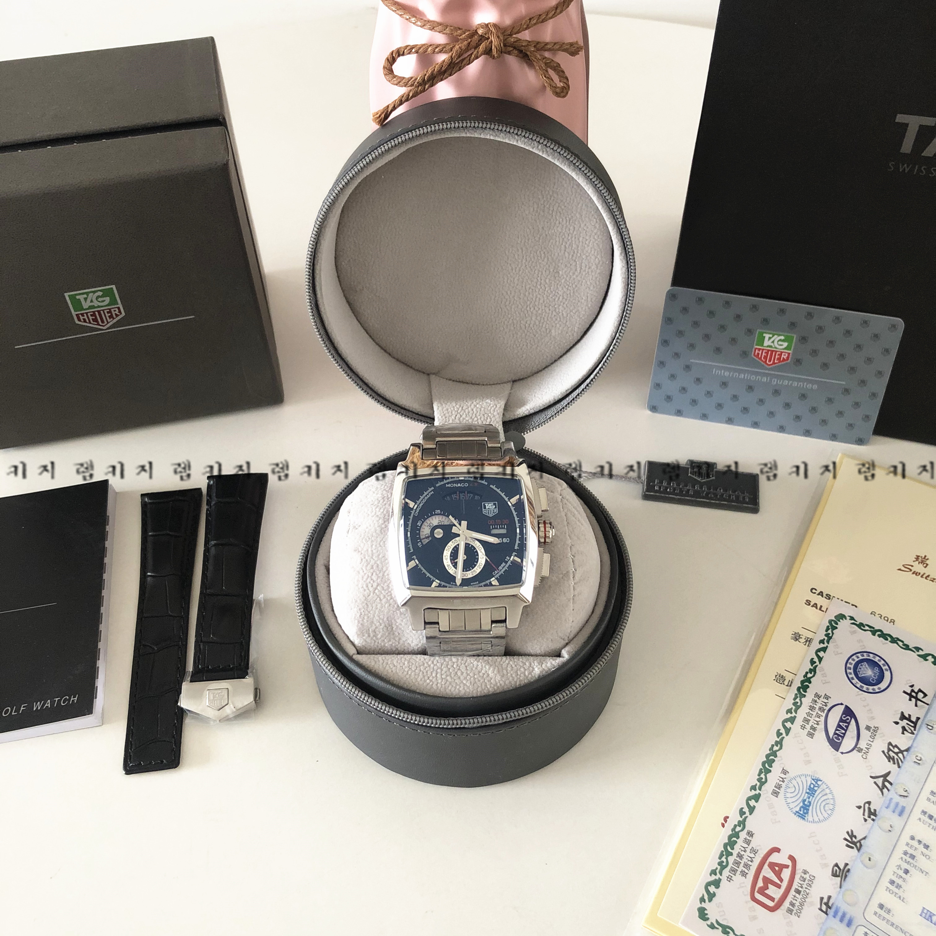 태그호이어 모나코 LS 블랙판 메탈시계 +가죽스트랩