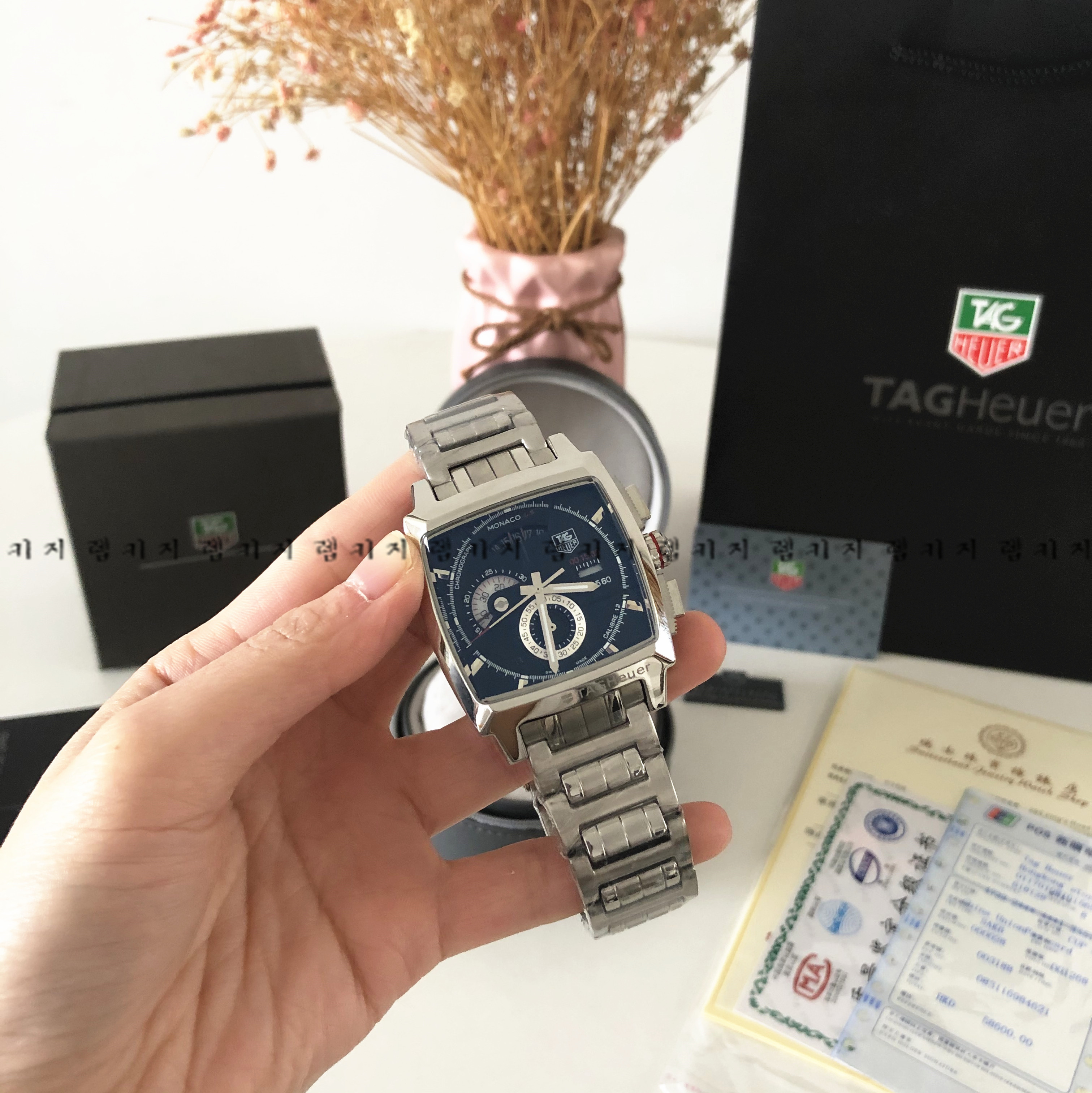 태그호이어 모나코 LS 블랙판 메탈시계 +가죽스트랩