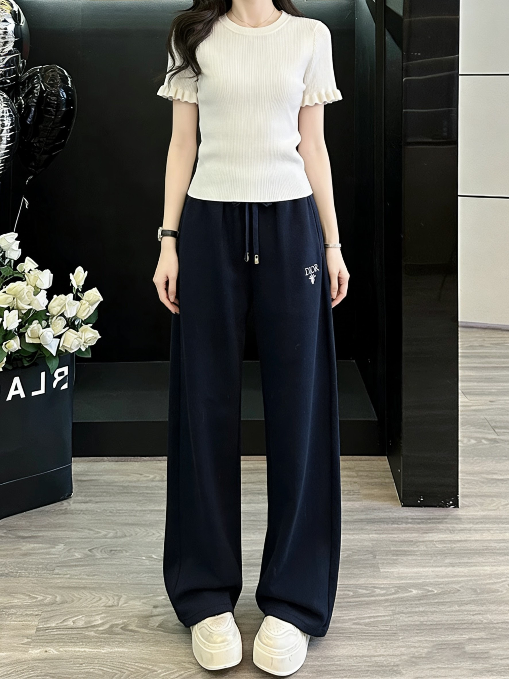 Dior CD 디올 레터링 자수 와이드 트레이닝 팬츠 바지 의류