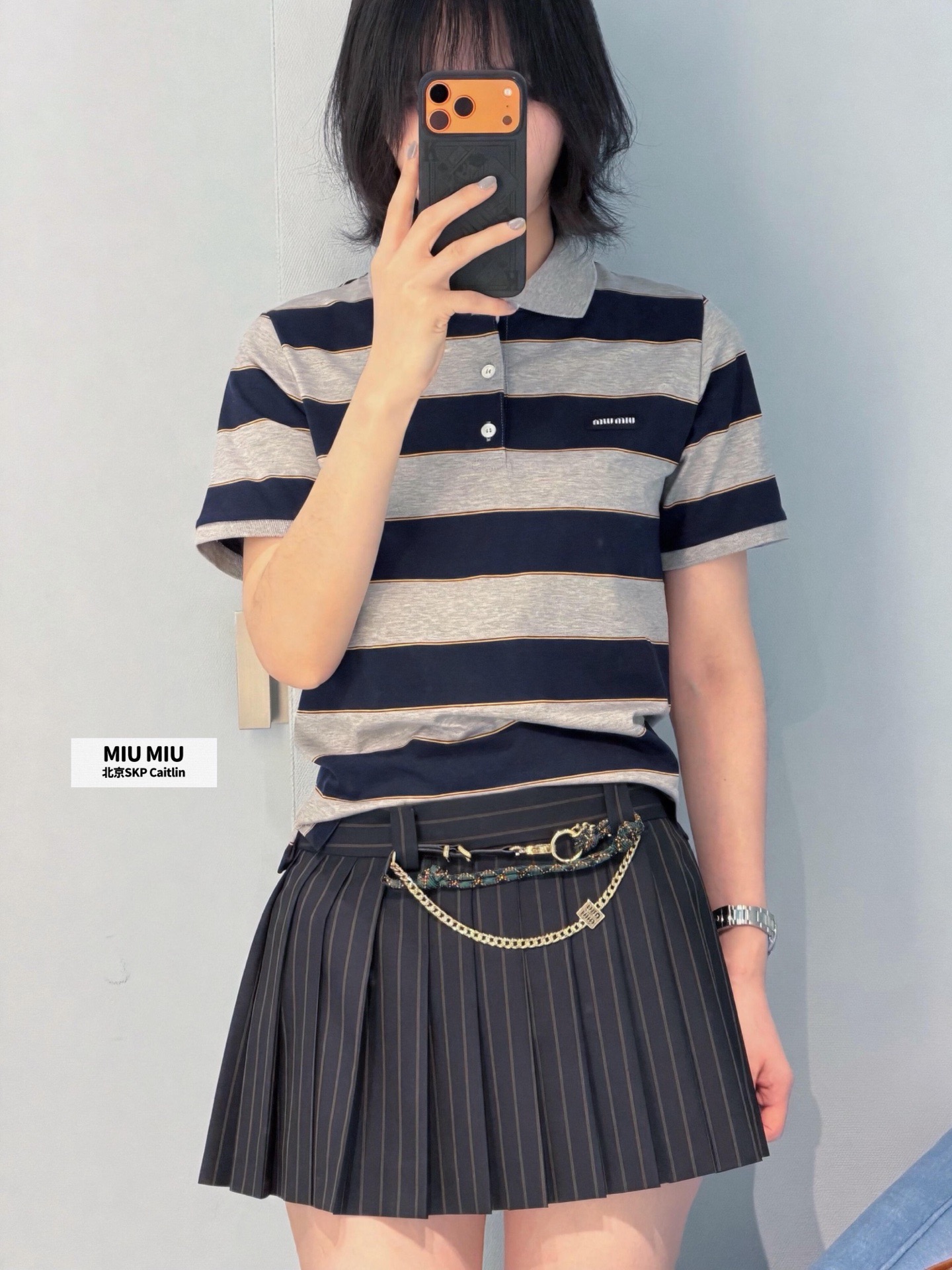 미우미우(MiuMiu) 네이비·그레이 스트라이프 폴로 반팔 티셔츠 의류