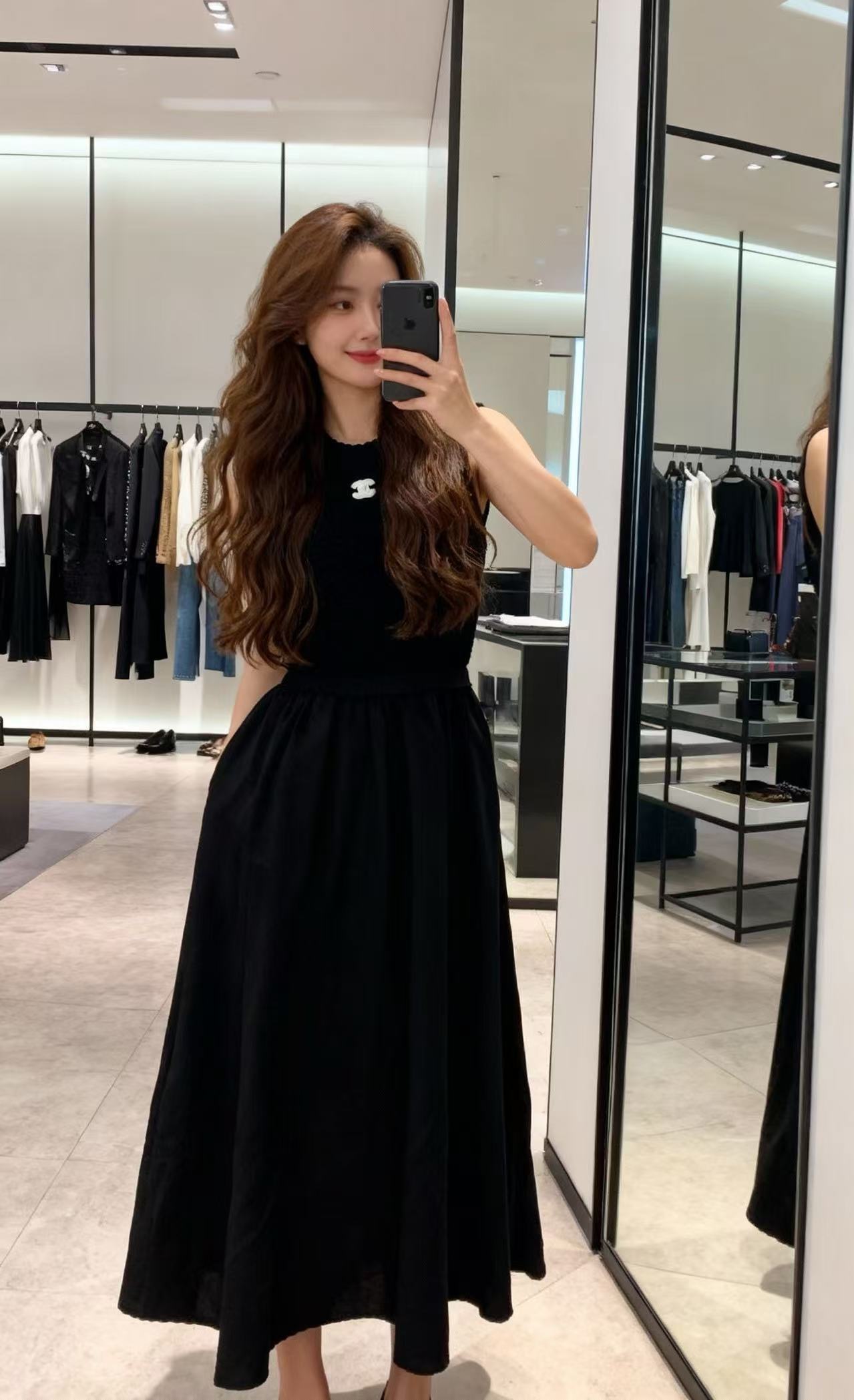 Chanel 샤넬 니트 스티치 배색 믹스 텍스처 니트 플레어 슬리브리스 원피스 의류