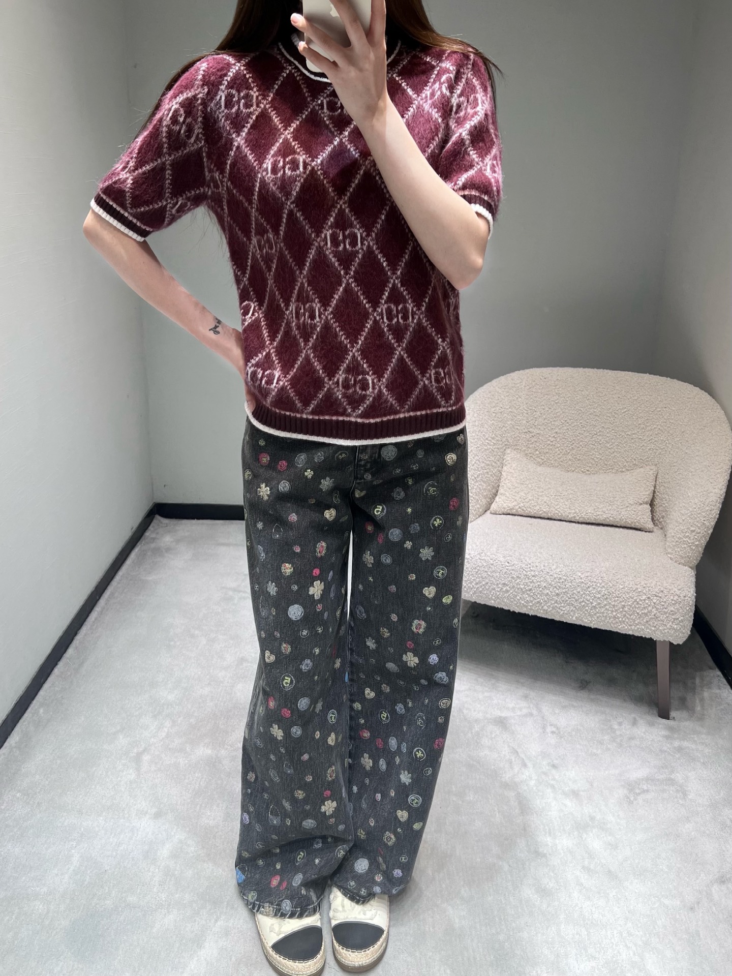 GUCCI 구찌 GG 자카드 아가일 패턴 반팔 니트 상의 의류