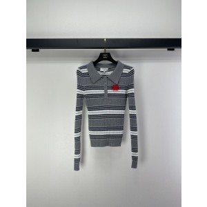 Chanel 샤넬 그레이 스트라이프 레드 플라워 카라 긴팔 니트 의류