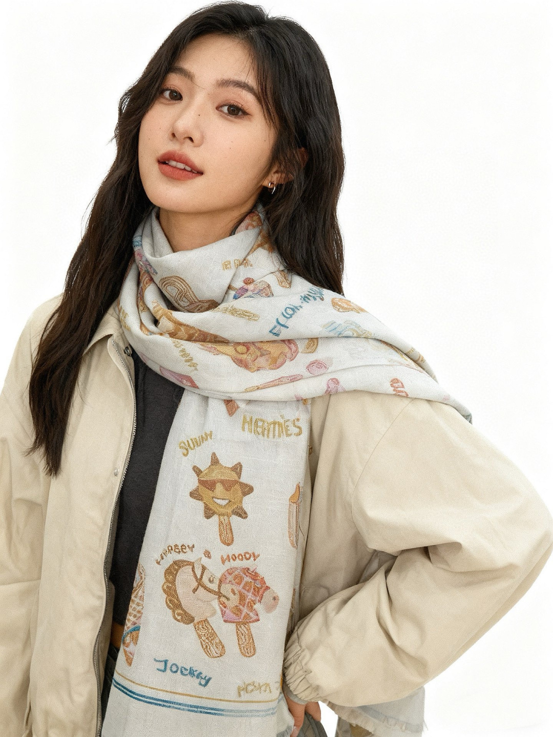 에르메스(HERMES) 패턴 캐시미어 롱 머플러 목도리 스카프