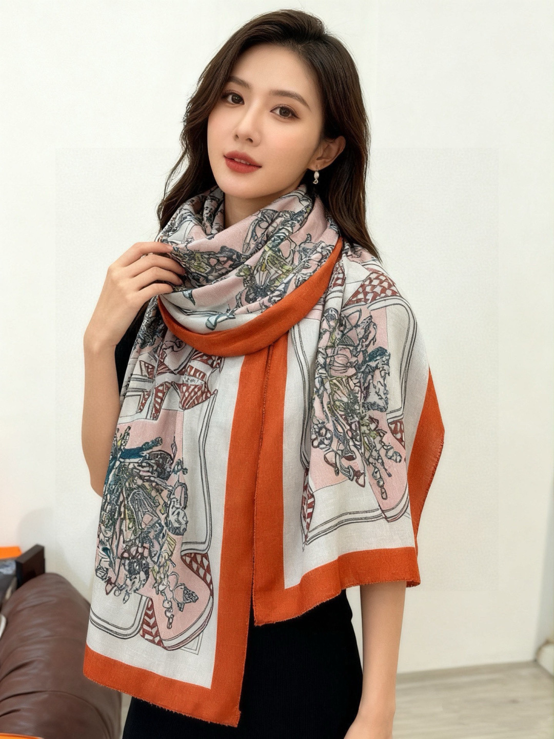 에르메스(HERMES) 입체 패턴 캐시미어 롱 목도리 스카프