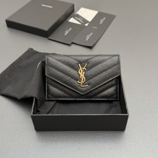 Saint Laurent YSL 생로랑 마틀라세 그레인 레더 플랩 지퍼 카드 지갑 - 블랙/금장
