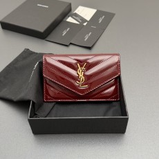 Saint Laurent YSL 생로랑 마틀라세 페이턴트 플랩 지퍼 카드 지갑 - 버건디/금장