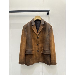 미우미우(miumiu) 왁스 카프스킨 로고 레더 자켓 재킷 의류