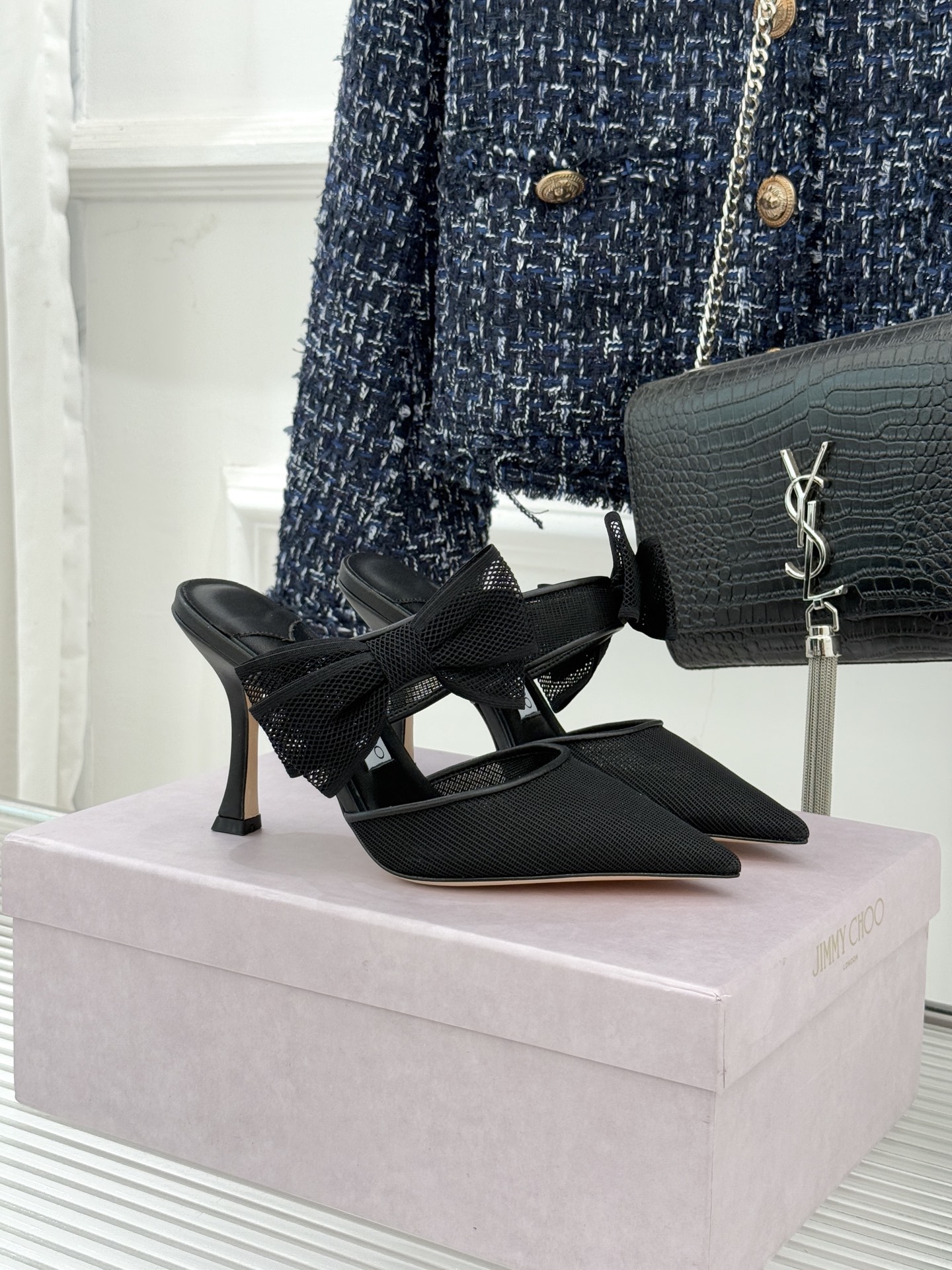 지미추(Jimmy Choo) 리본 포인티드 뮬 힐 슬리퍼 신발