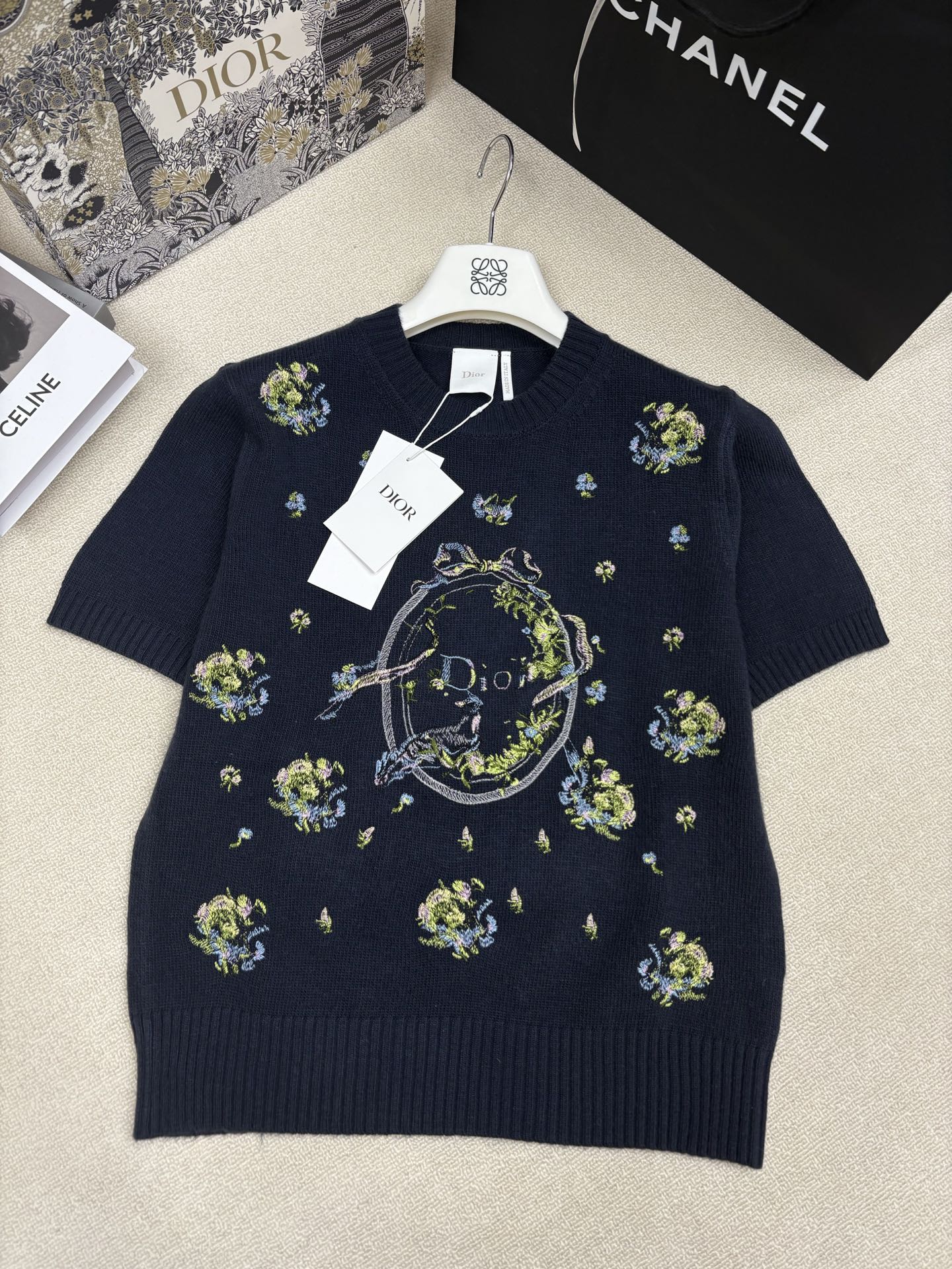Dior CD 디올 플라워 & 리본 자수 니트 반팔 의류