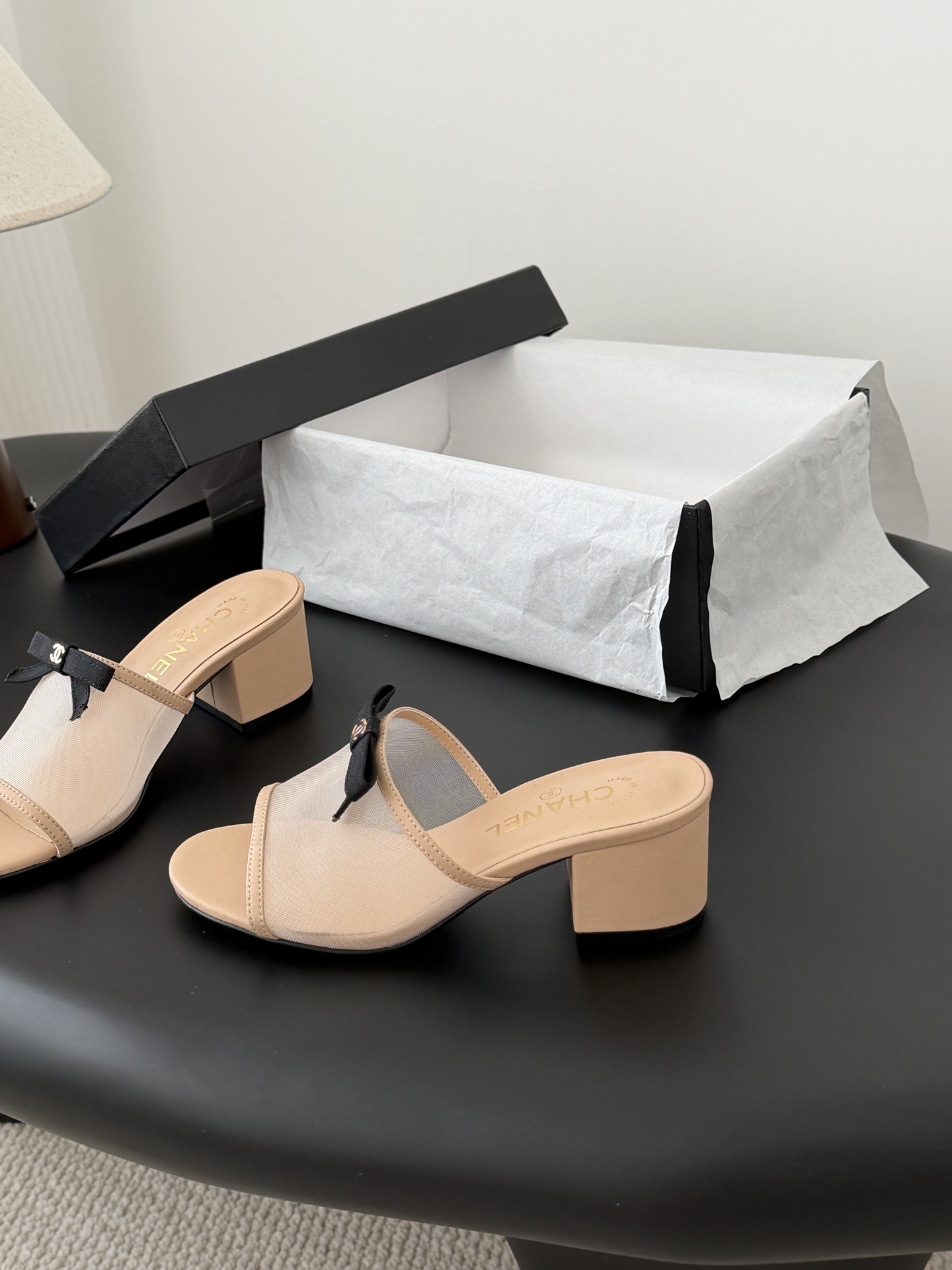 Chanel 26K 샤넬 리본 망사 메쉬 굽 슬리퍼 샌들 신발