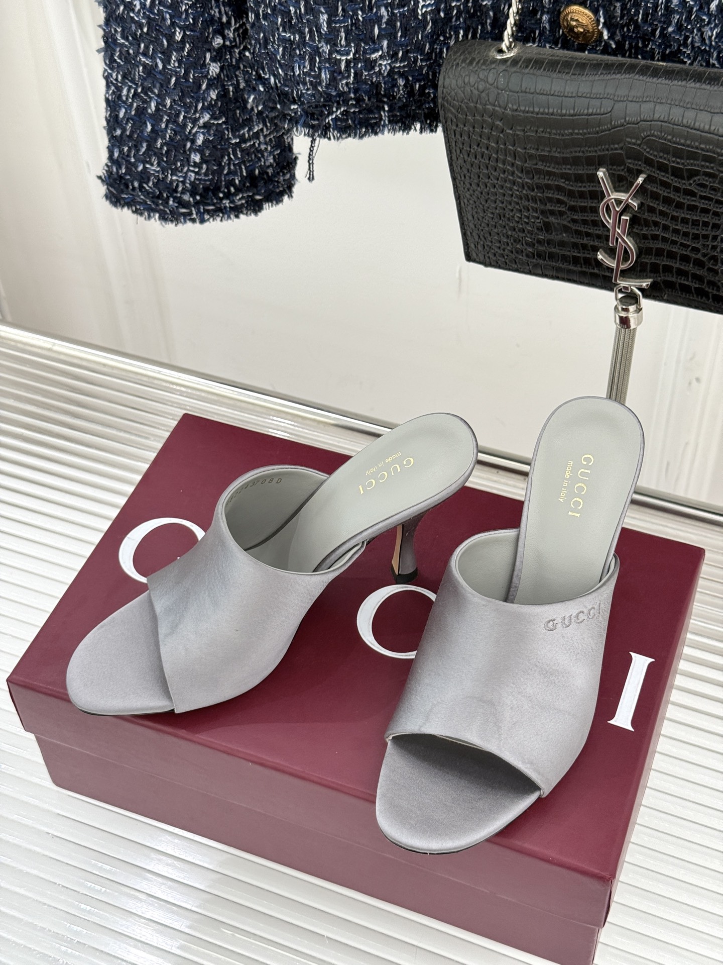 Gucci 구찌 실크 일자 스트랩 오픈토 힐 구두 신발