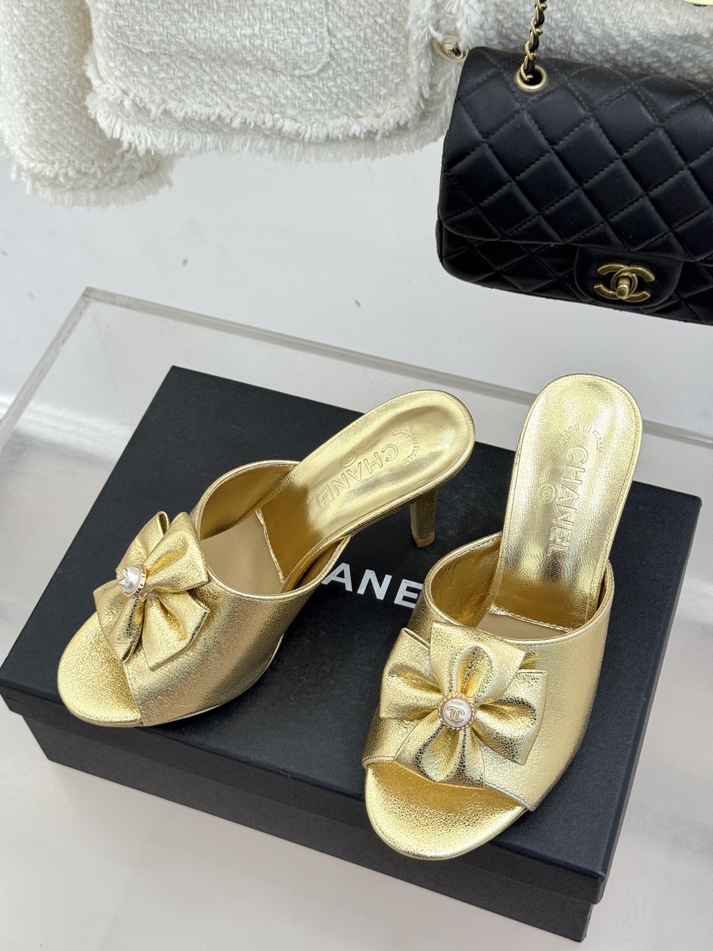 Chanel 샤넬 26C 더블 리본 & 더블C 로고 힐 샌들 신발