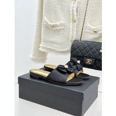 Chanel 샤넬 26C 더블 리본 스톤 로고 플랫 슬리퍼 샌들 신발