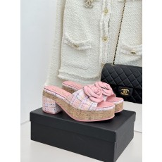 Chanel 26C 샤넬 카멜리아 우드톤 힐 굽 플랫폼 샌들 슬리퍼 신발