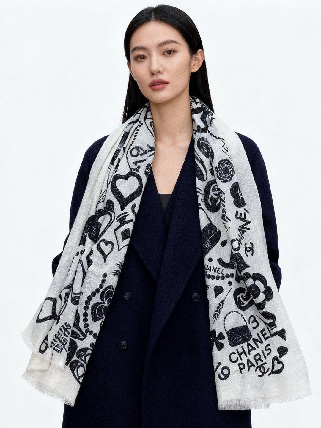 샤넬(CHANEL) 실버 라인 캐시미어 롱 스카프 목도리 스카프