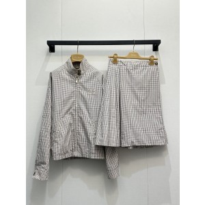 miumiu 미우미우 입체 자수 패치 베이지 브라운 체크 자켓 재킷 & 스커트 치마 셋업 세트 의류