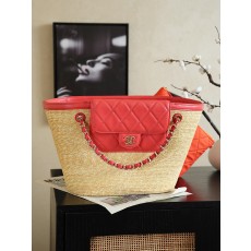 샤넬(Chanel) 26C 라피아 짜임 바스켓백 가방 - 레드 (라지)