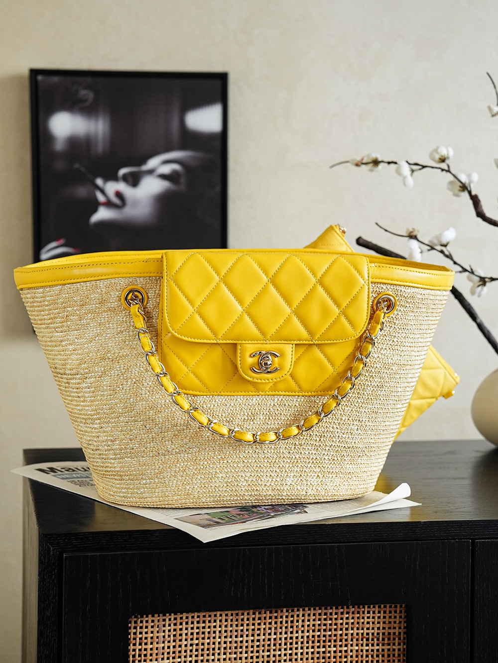 샤넬(Chanel) 26C 라피아 짜임 바스켓백 가방 - 옐로우 (라지)