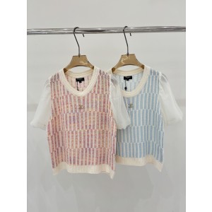 Chanel 샤넬 입체 자카드 스트라이프 배색 니트 반팔 의류