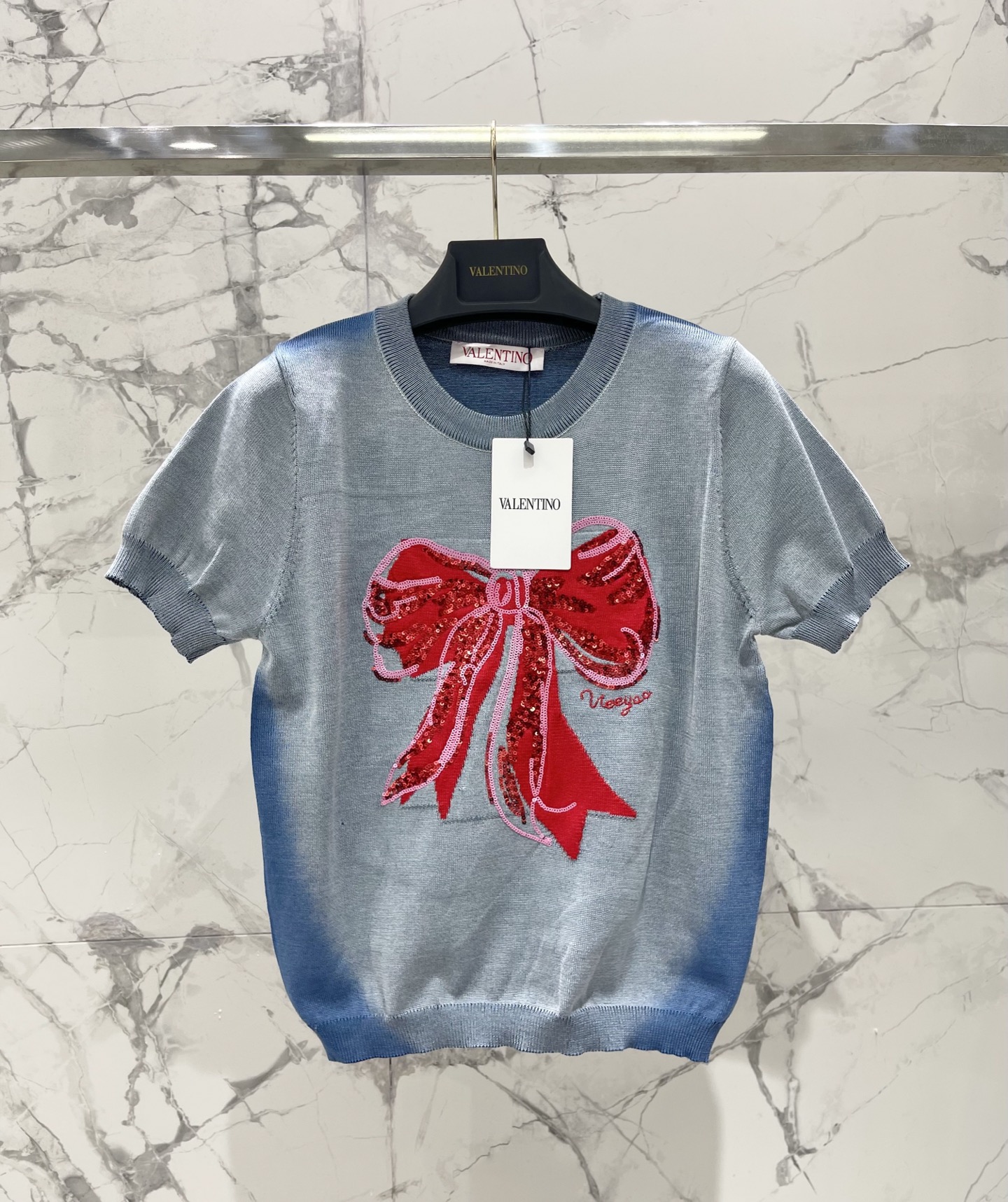 Valentino 발렌티노 리본 스팽글 라운드 반팔 니트 탑 의류