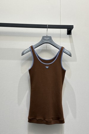 프라다(PRADA) 카라멜 배색 리브 슬리브리스 의류