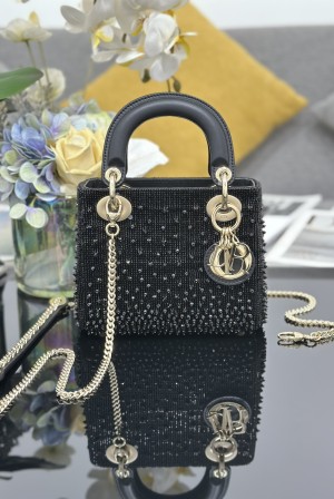 [Dior] 레이디 디올 미니 3구 토트백 숄더백 가방 - 블랙 비즈 자수