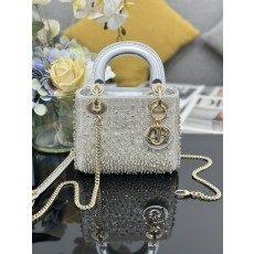 [Dior] 레이디 디올(Lady Dior) 미니 3구 토트백 숄더백 가방 - 실버 비즈 자수